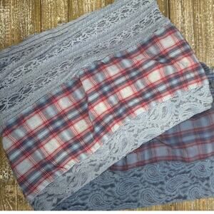 Free People Boho Lace Scarf Patchwork Plaid Cottagecore Oversized Blue Red 27x70